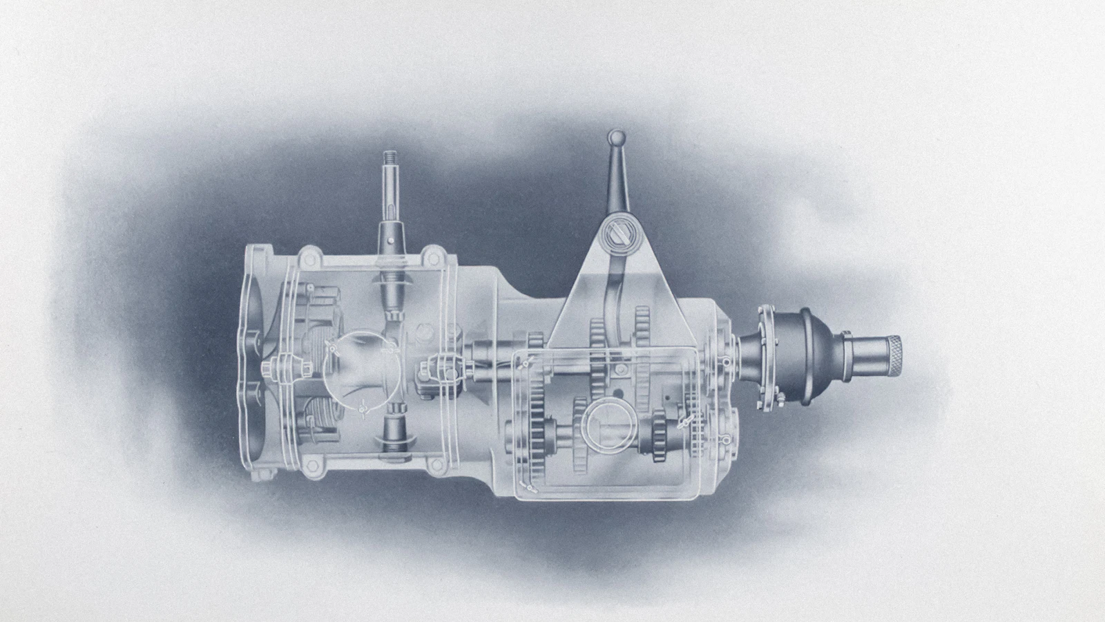 An archival cutaway drawing of a gearbox, sectioned so the mechanism inside can be checked rather than taken on trust