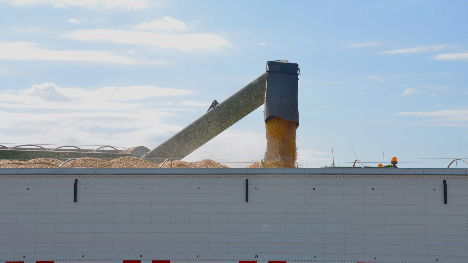 A grain auger discharging into a trailer at a fixed rate, a mountain of grain waiting behind it — the spout sets the pace, not the size of the pile or the capacity of what it is filling