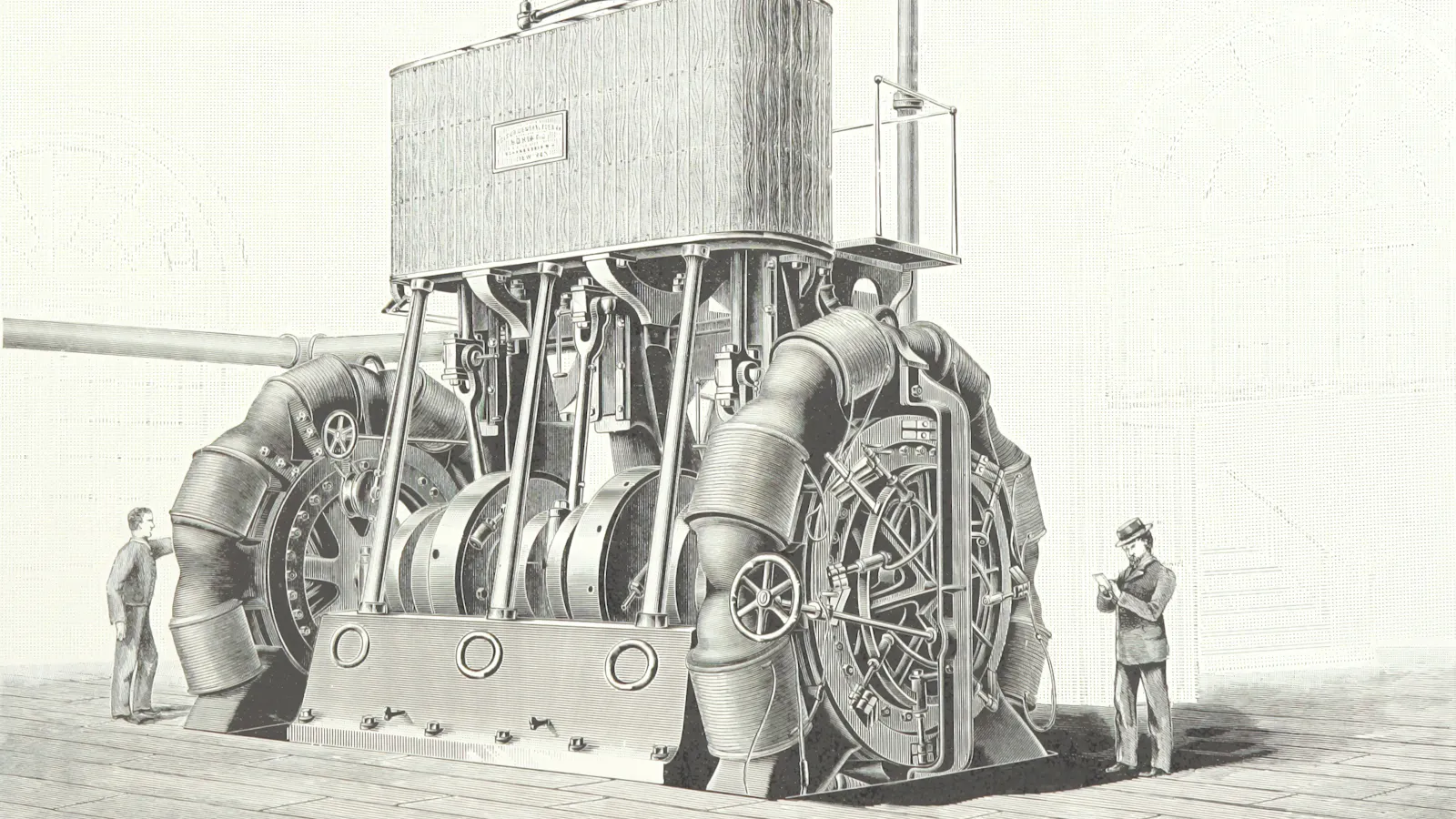 An archival engraving of an Edison multipolar dynamo, drawn as a machine meant to be connected to other machines