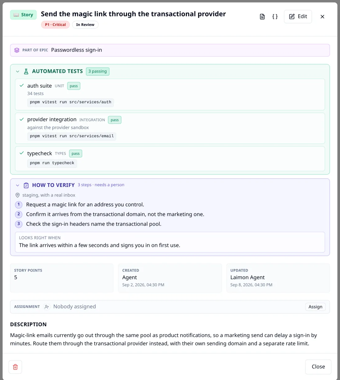 A story waiting in review, showing the agent's automated tests with their re-run commands and the numbered steps a person still has to check.